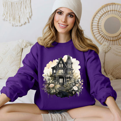 Halloween Boho Sweatshirt for Women featuring a mystical midnight haunted house illustration with boho design accents. Perfect for autumn festivities and casual wear. Gildan 18000 sweatshirt in Purple. ReadyShirtAim.com