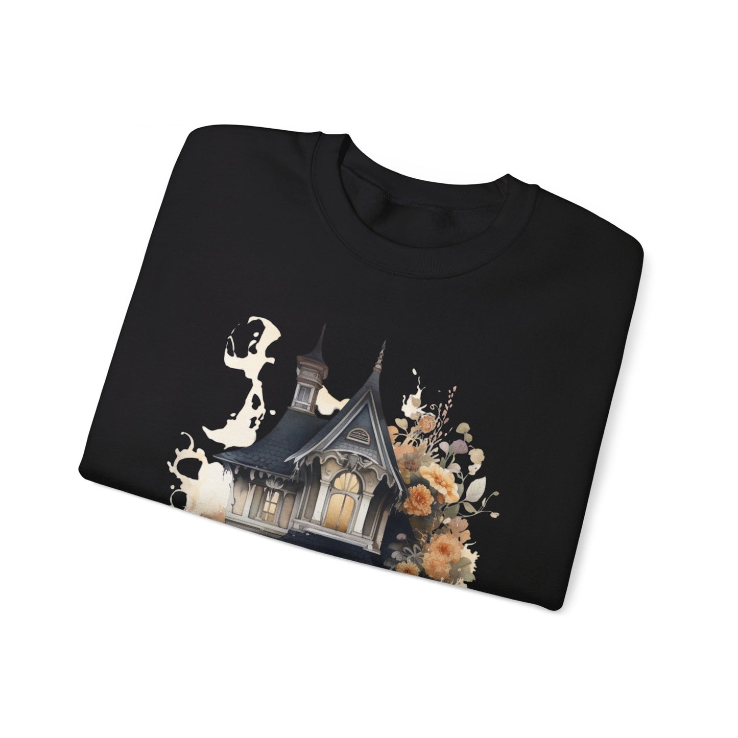 Halloween Boho Sweatshirt for Women featuring a haunted house illustration with boho design elements. Perfect for autumn festivities and casual wear. Gildan 18000 sweatshirt in Black. ReadyShirtAim.com