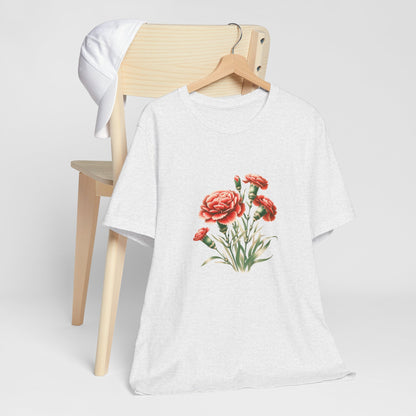 A t-shirt featuring a beautiful carnation for January. Perfect for January birthdays and floral art lovers. Comfortable and stylish for casual outings or celebrations. Bella+Canvas 3001 t-shirt in ash. ReadyShirtAim.com