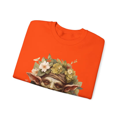 Creepy Cute Goblin Floral Boho Halloween Sweatshirt for women. Features a charming goblin surrounded by muted florals. Perfect for Halloween celebrations. Available in multiple dark and light colors and sizes. Gildan 18000 sweatshirt in Orange. ReadyShirtAim.com