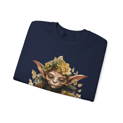 Mystical Goblin Boho Halloween Sweatshirt with a hand-drawn goblin illustration and boho-inspired design elements. Perfect for Halloween celebrations. Available in multiple dark and light colors and sizes. Gildan 18000 sweatshirt in Navy. ReadyShirtAim.com