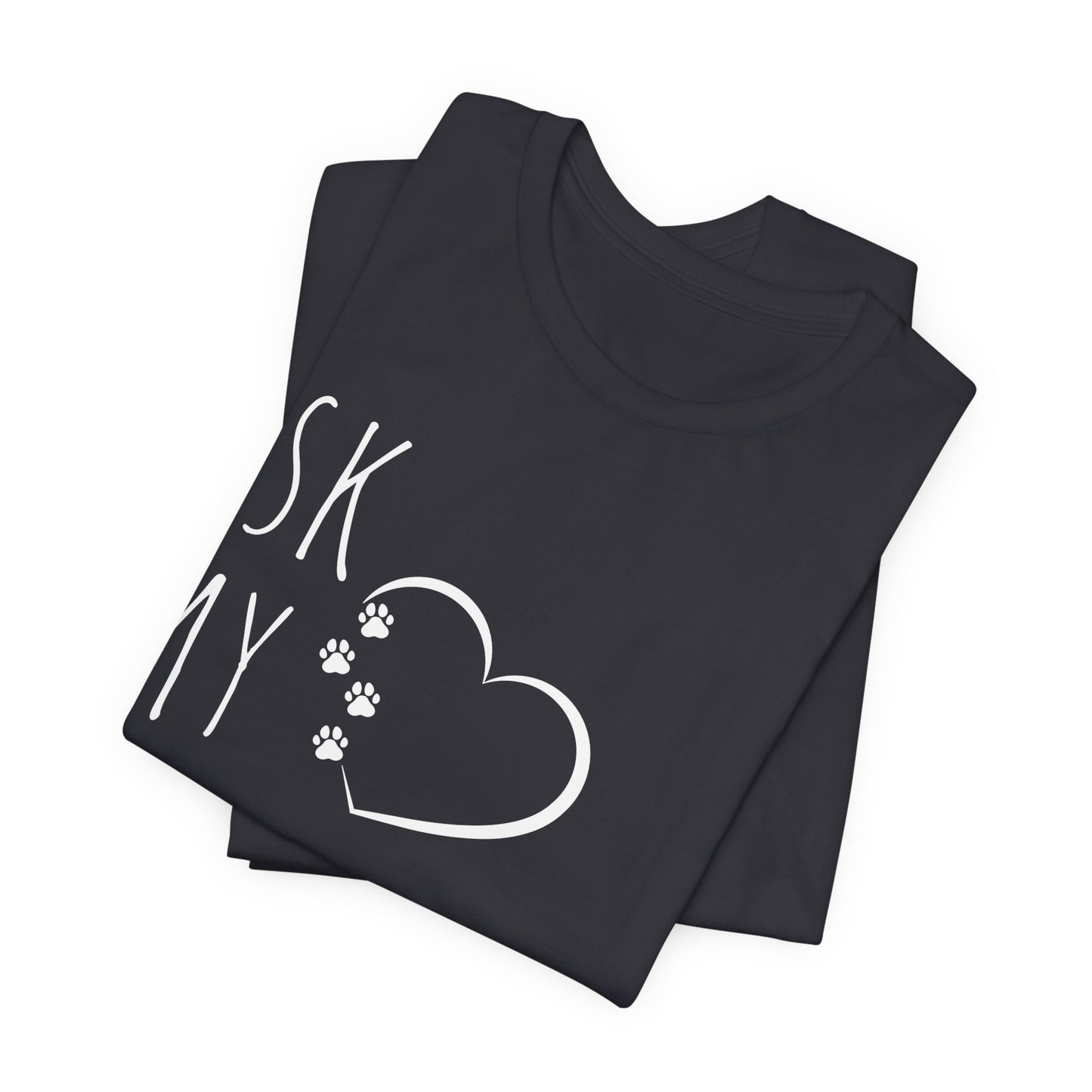 "Ask My Maltese" T-Shirt featuring a heart with two paw prints, perfect for dog lovers and Maltese owners. Unisex design for men and women. Available in multiple colors and sizes. Bella+Canvas 3001 t-shirt in dark grey. ReadyShirtAim.com