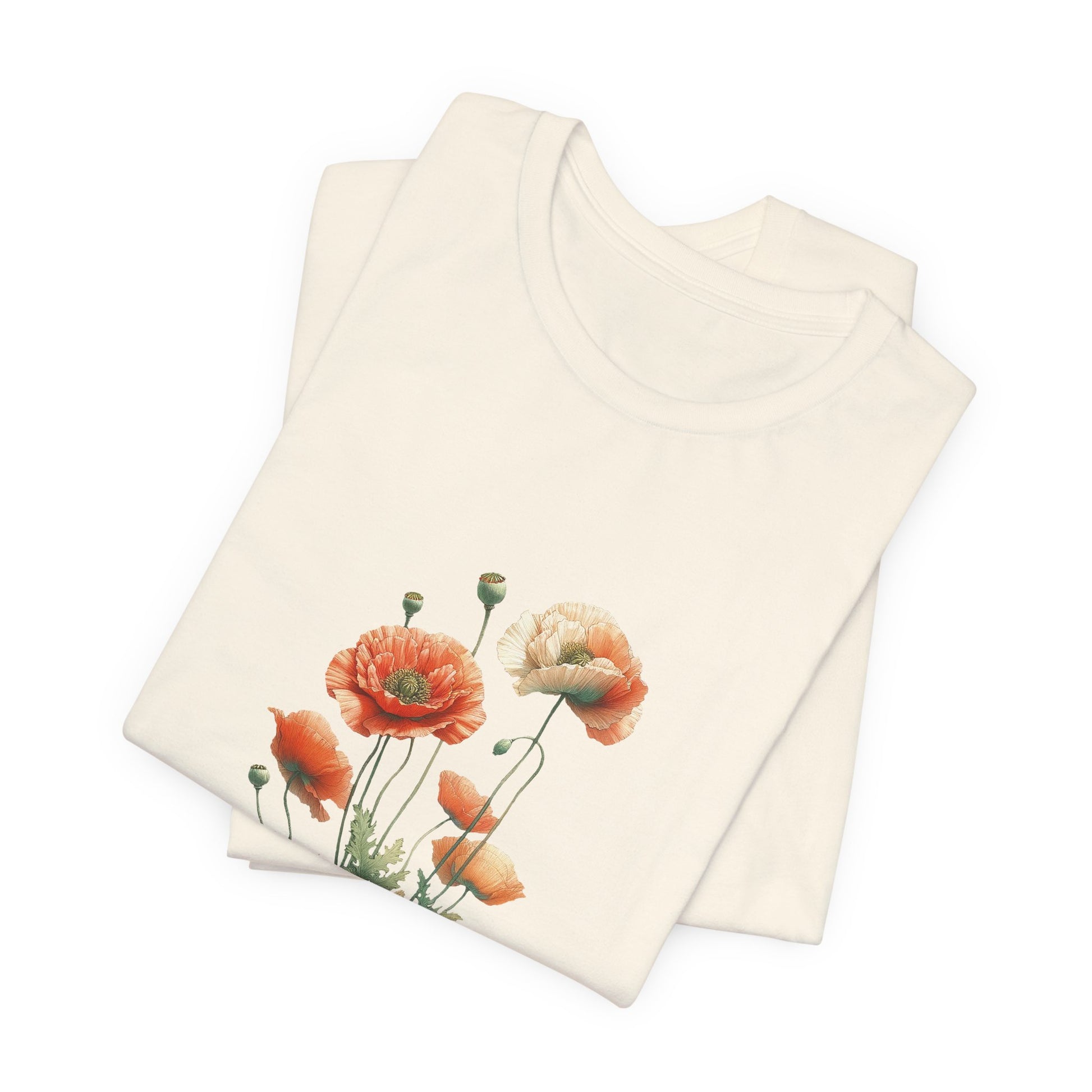 A t-shirt featuring a beautiful poppy for August. Perfect for August birthdays and floral art lovers. Comfortable and stylish for casual outings or celebrations. Bella+Canvas 3001 t-shirt in natural. ReadyShirtAim.com