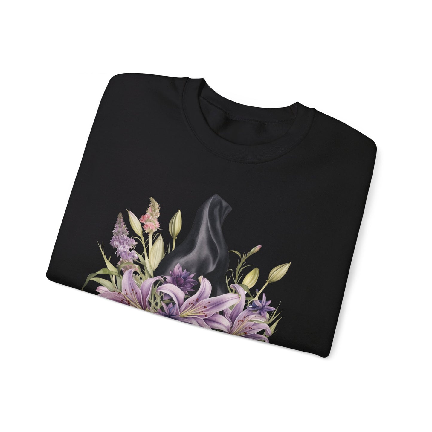 Mystical Floral Witch Hat Sweatshirt featuring a watercolor illustration of a black witch hat with flowers in purple, pink, and green. Available in multiple dark and light colors and sizes. Gildan 18000 sweatshirt in Black. ReadyShirtAim.com