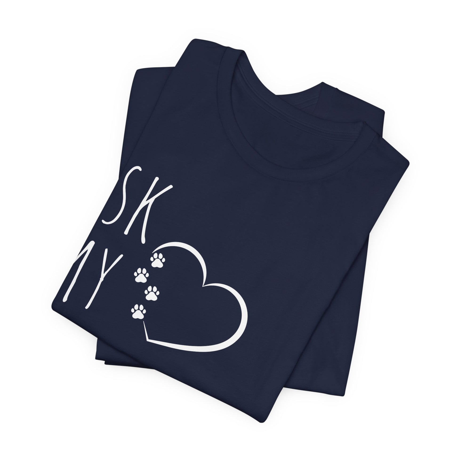 "Ask My Maltese" T-Shirt featuring a heart with two paw prints, perfect for dog lovers and Maltese owners. Unisex design for men and women. Available in multiple colors and sizes. Bella+Canvas 3001 t-shirt in navy. ReadyShirtAim.com