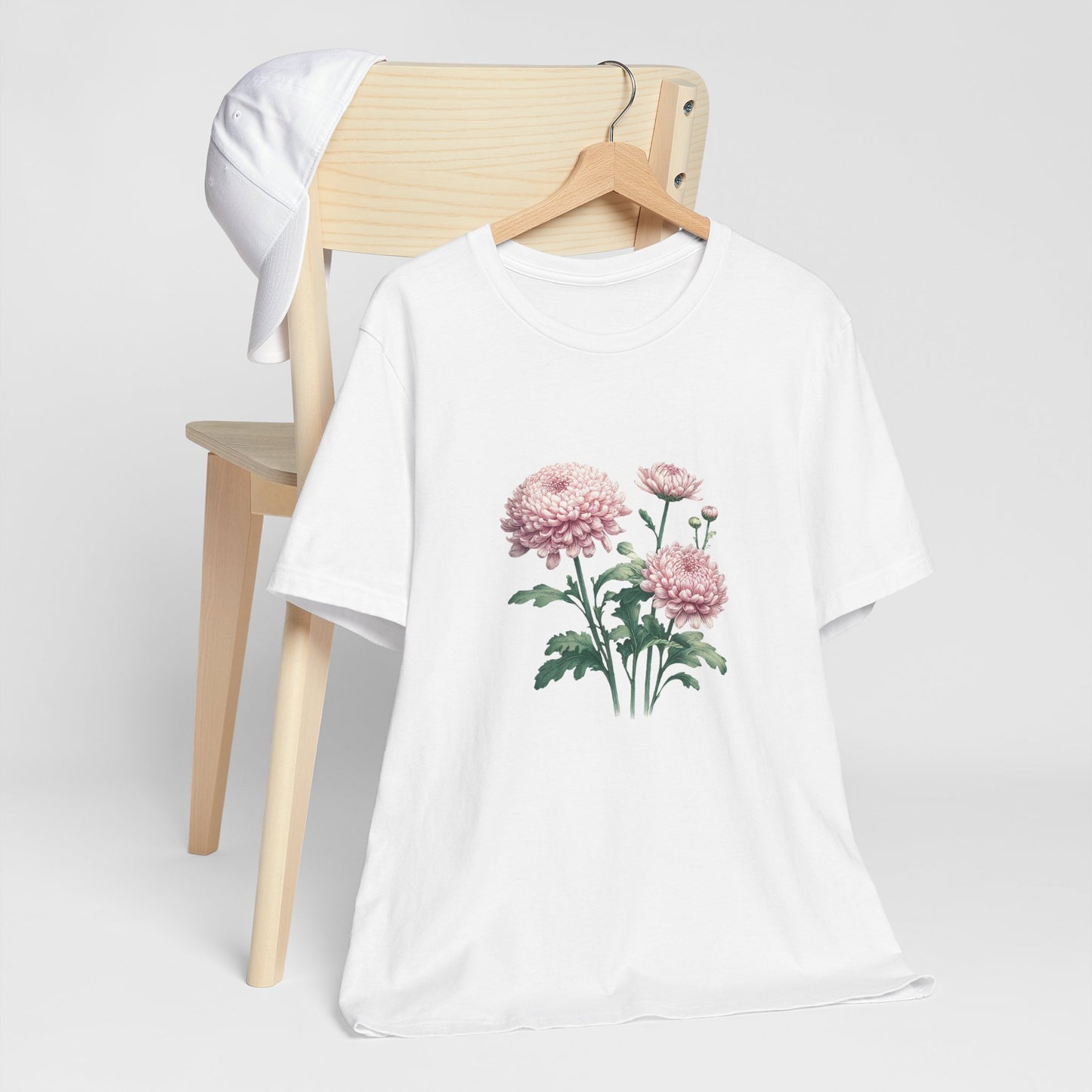 A t-shirt featuring a beautiful chrysanthemum for November. Perfect for November birthdays and floral art lovers. Comfortable and stylish for casual outings or celebrations. Bella+Canvas 3001 t-shirt in white. ReadyShirtAim.com