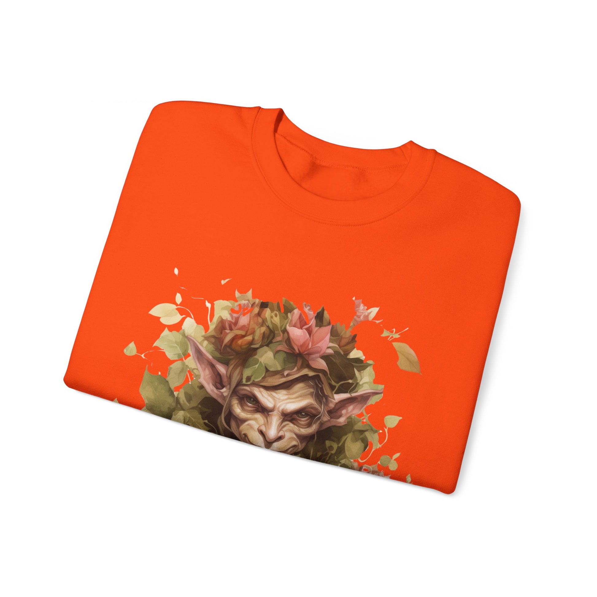 Boho Goblin Magic Halloween Sweatshirt for women. Features a charming goblin surrounded by muted florals. Perfect for Halloween celebrations. Available in multiple dark and light colors and sizes. Gildan 18000 sweatshirt in Orange. ReadyShirtAim.com