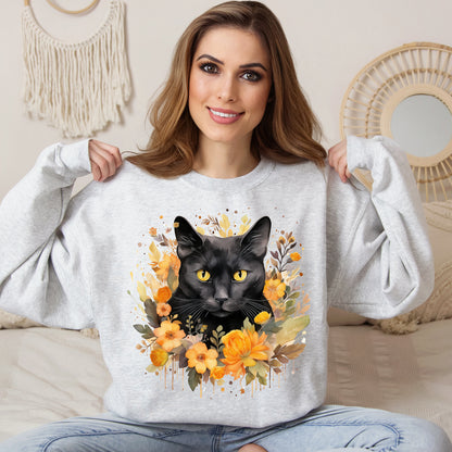 Sudadera de Halloween boho con cara de gato negro "Enchanted Evening" para mujer