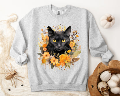 Sudadera de Halloween boho con cara de gato negro "Enchanted Evening" para mujer