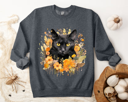 Sudadera de Halloween boho con cara de gato negro "Enchanted Evening" para mujer