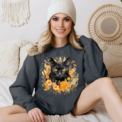 Sudadera de Halloween boho con cara de gato negro "Enchanted Evening" para mujer