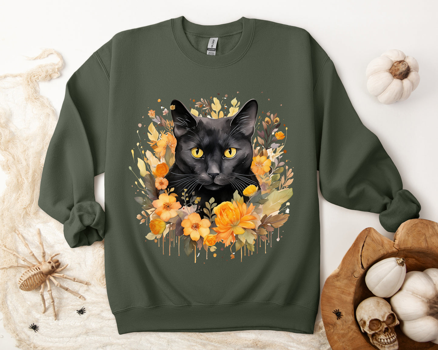 Sudadera de Halloween boho con cara de gato negro "Enchanted Evening" para mujer