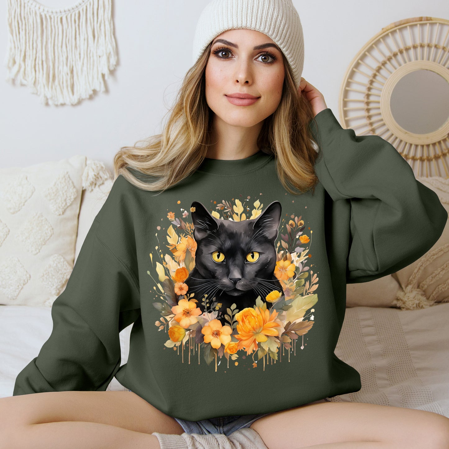 Sudadera de Halloween boho con cara de gato negro "Enchanted Evening" para mujer