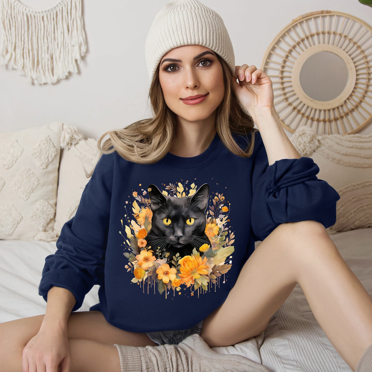 Sudadera de Halloween boho con cara de gato negro "Enchanted Evening" para mujer