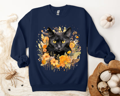 Sudadera de Halloween boho con cara de gato negro "Enchanted Evening" para mujer