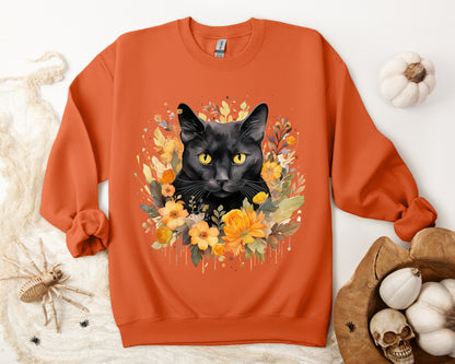 Sudadera de Halloween boho con cara de gato negro "Enchanted Evening" para mujer