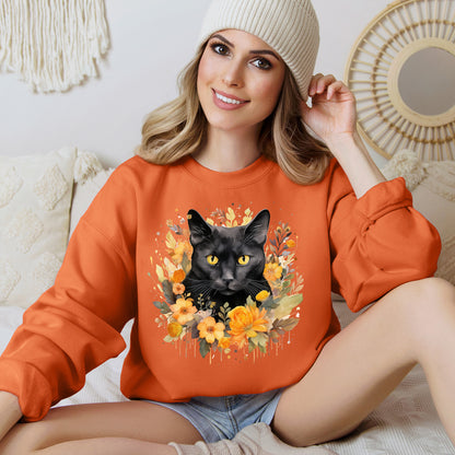 Sudadera de Halloween boho con cara de gato negro "Enchanted Evening" para mujer