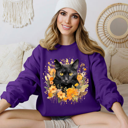 Sudadera de Halloween boho con cara de gato negro "Enchanted Evening" para mujer