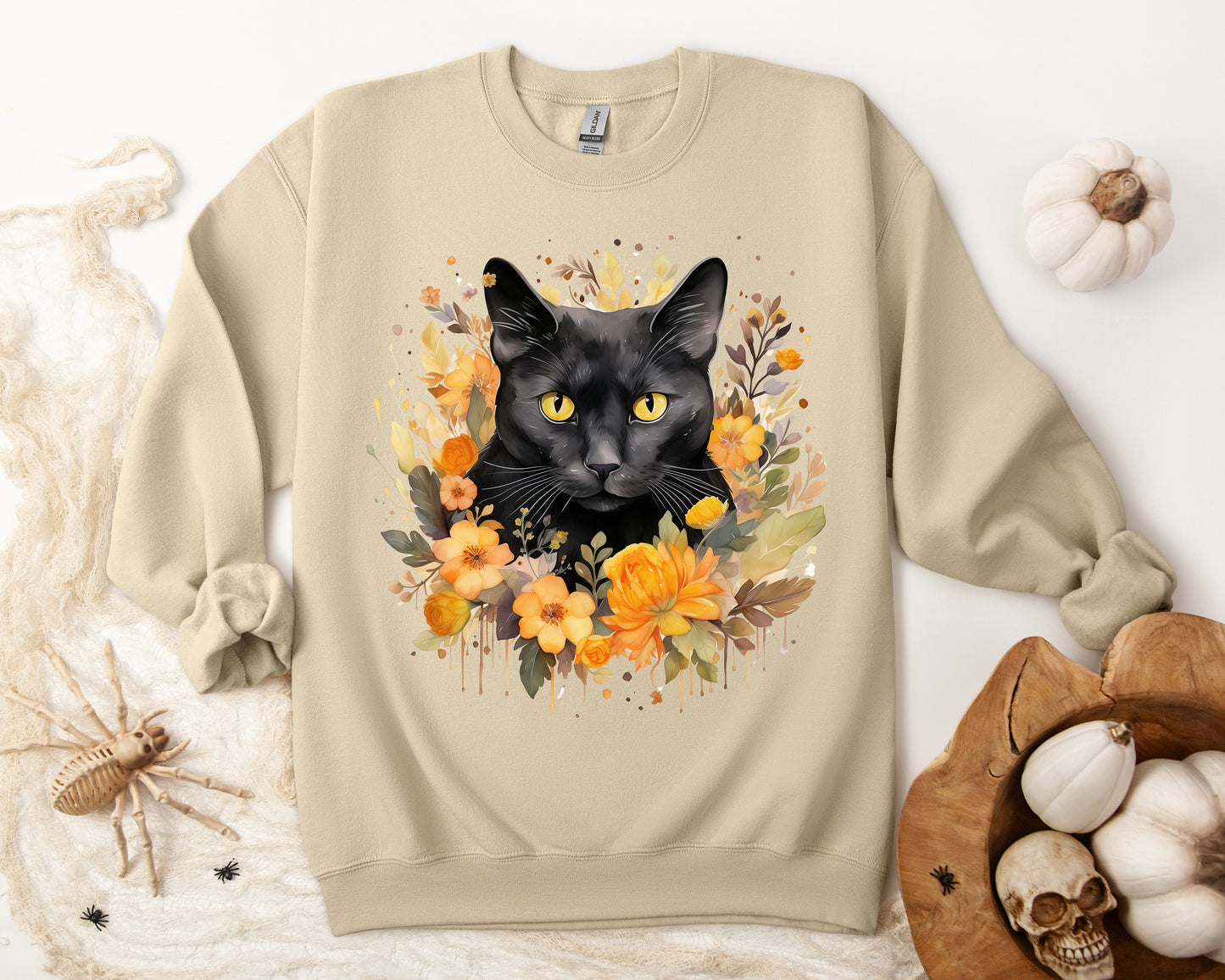 Sudadera de Halloween boho con cara de gato negro "Enchanted Evening" para mujer