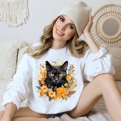 Sudadera de Halloween boho con cara de gato negro "Enchanted Evening" para mujer