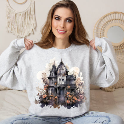 Whimsical Wisteria Haunted House - Sudadera boho de Halloween para mujer