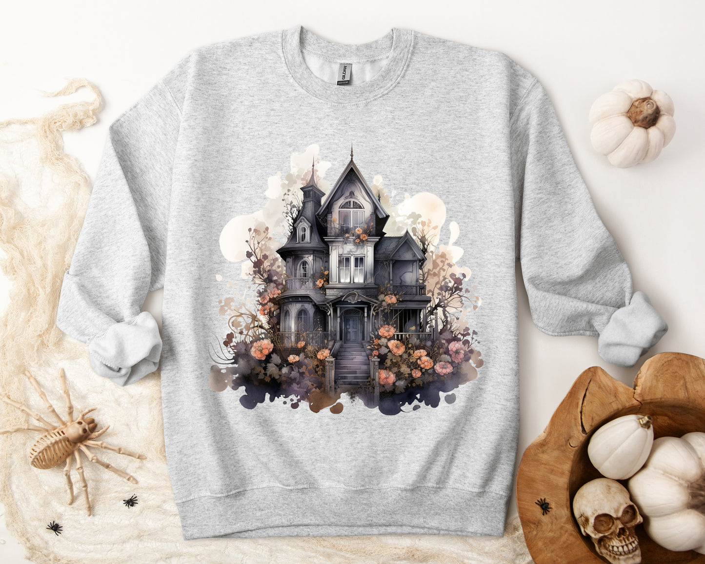 Whimsical Wisteria Haunted House - Sudadera boho de Halloween para mujer