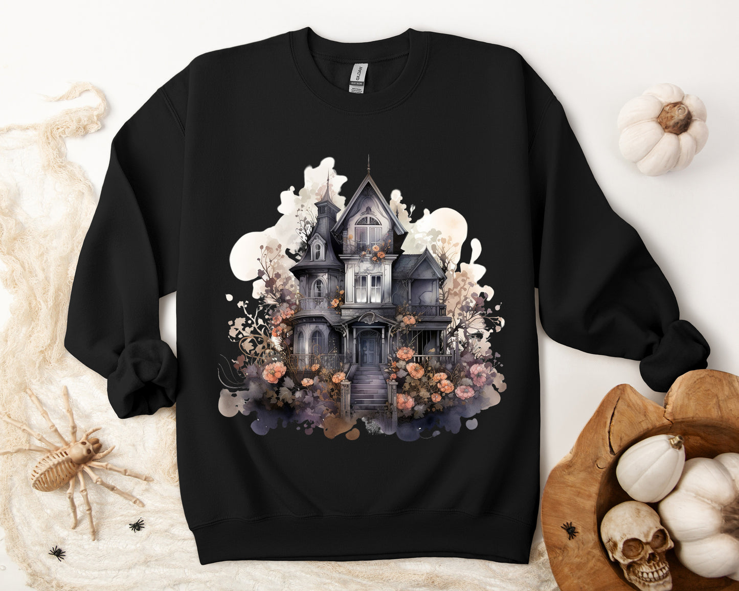 Whimsical Wisteria Haunted House - Sudadera boho de Halloween para mujer