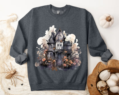 Whimsical Wisteria Haunted House - Sudadera boho de Halloween para mujer