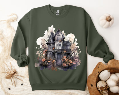 Whimsical Wisteria Haunted House - Sudadera boho de Halloween para mujer