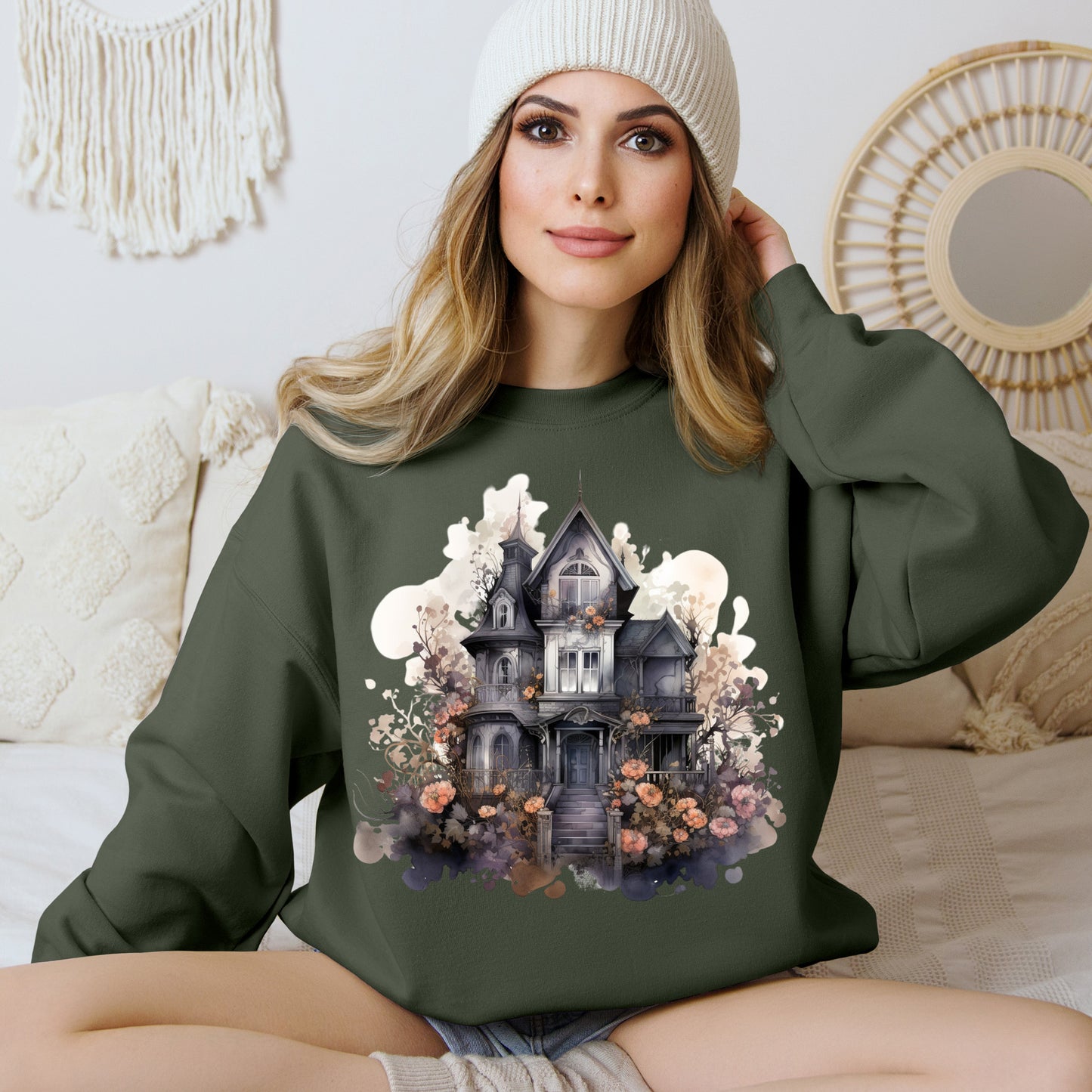 Whimsical Wisteria Haunted House - Sudadera boho de Halloween para mujer