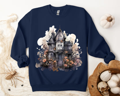 Whimsical Wisteria Haunted House - Sudadera boho de Halloween para mujer