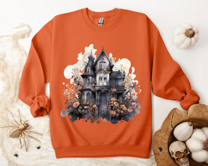 Whimsical Wisteria Haunted House - Sudadera boho de Halloween para mujer