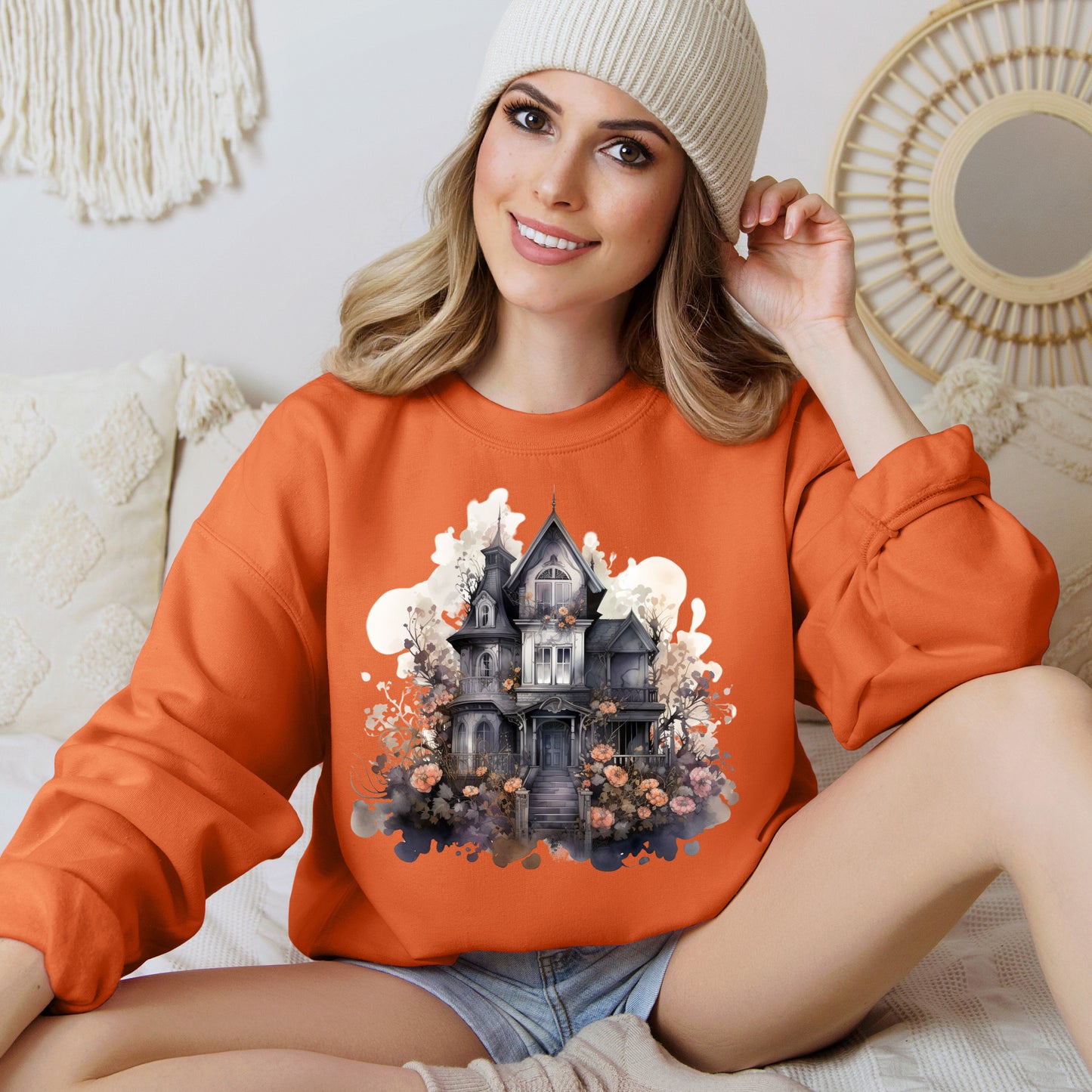 Whimsical Wisteria Haunted House - Sudadera boho de Halloween para mujer