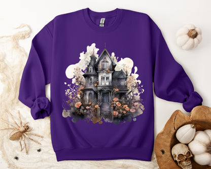 Whimsical Wisteria Haunted House - Sudadera boho de Halloween para mujer