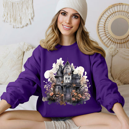 Whimsical Wisteria Haunted House - Sudadera boho de Halloween para mujer