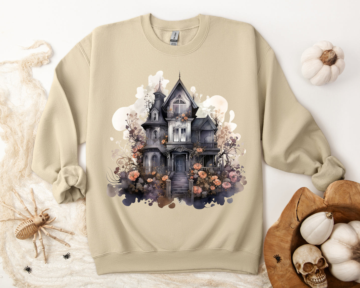 Whimsical Wisteria Haunted House - Sudadera boho de Halloween para mujer