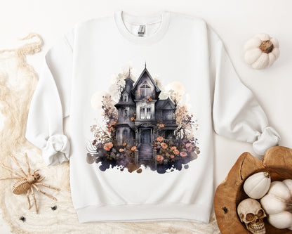 Whimsical Wisteria Haunted House - Sudadera boho de Halloween para mujer