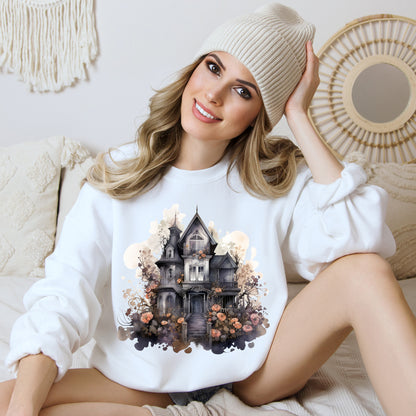 Whimsical Wisteria Haunted House - Sudadera boho de Halloween para mujer