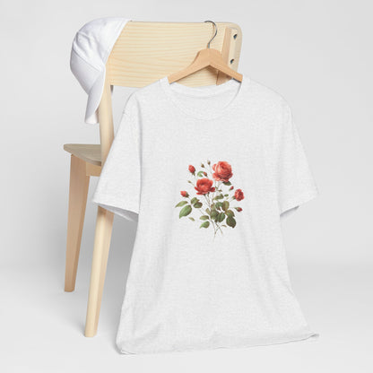 A t-shirt featuring a beautiful rose for June. Perfect for June birthdays and floral art lovers. Comfortable and stylish for casual outings or celebrations. Bella+Canvas 3001 t-shirt in ash. ReadyShirtAim.com