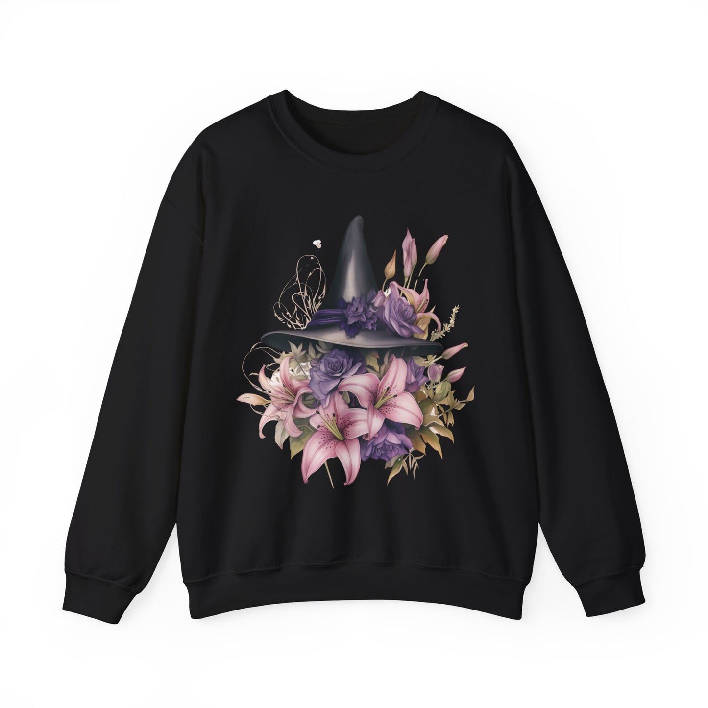 Enchanting Bohemian Witch Hat Sweatshirt with a watercolor illustration of a black witch hat surrounded by flowers in purple, pink, and green tones. Available in multiple dark ang light colors and sizes. Gildan 18000 sweatshirt in Black. ReadyShirtAim.com