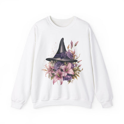 Enchanting Bohemian Witch Hat Sweatshirt with a watercolor illustration of a black witch hat surrounded by flowers in purple, pink, and green tones. Available in multiple dark ang light colors and sizes. Gildan 18000 sweatshirt in white. ReadyShirtAim.com