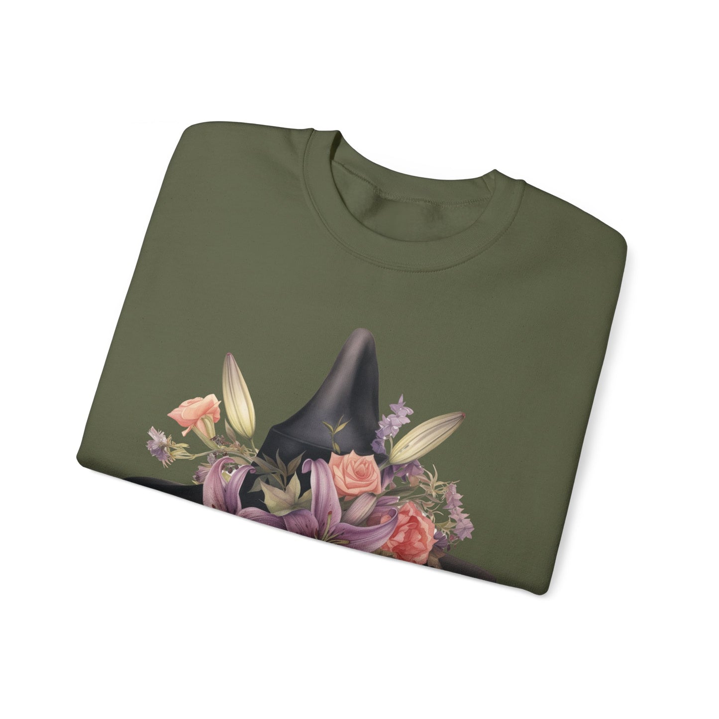 Elegant Witchy Blooms Sweatshirt with a watercolor illustration of a black witch hat and flowers in purple, pink, and green. Available in multiple dark and light colors and sizes. Gildan 18000 sweatshirt in Military Green. ReadyShirtAim.com