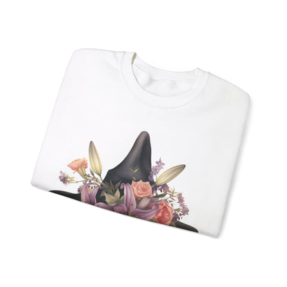 Elegant Witchy Blooms Sweatshirt with a watercolor illustration of a black witch hat and flowers in purple, pink, and green. Available in multiple dark and light colors and sizes. Gildan 18000 sweatshirt in white. ReadyShirtAim.com