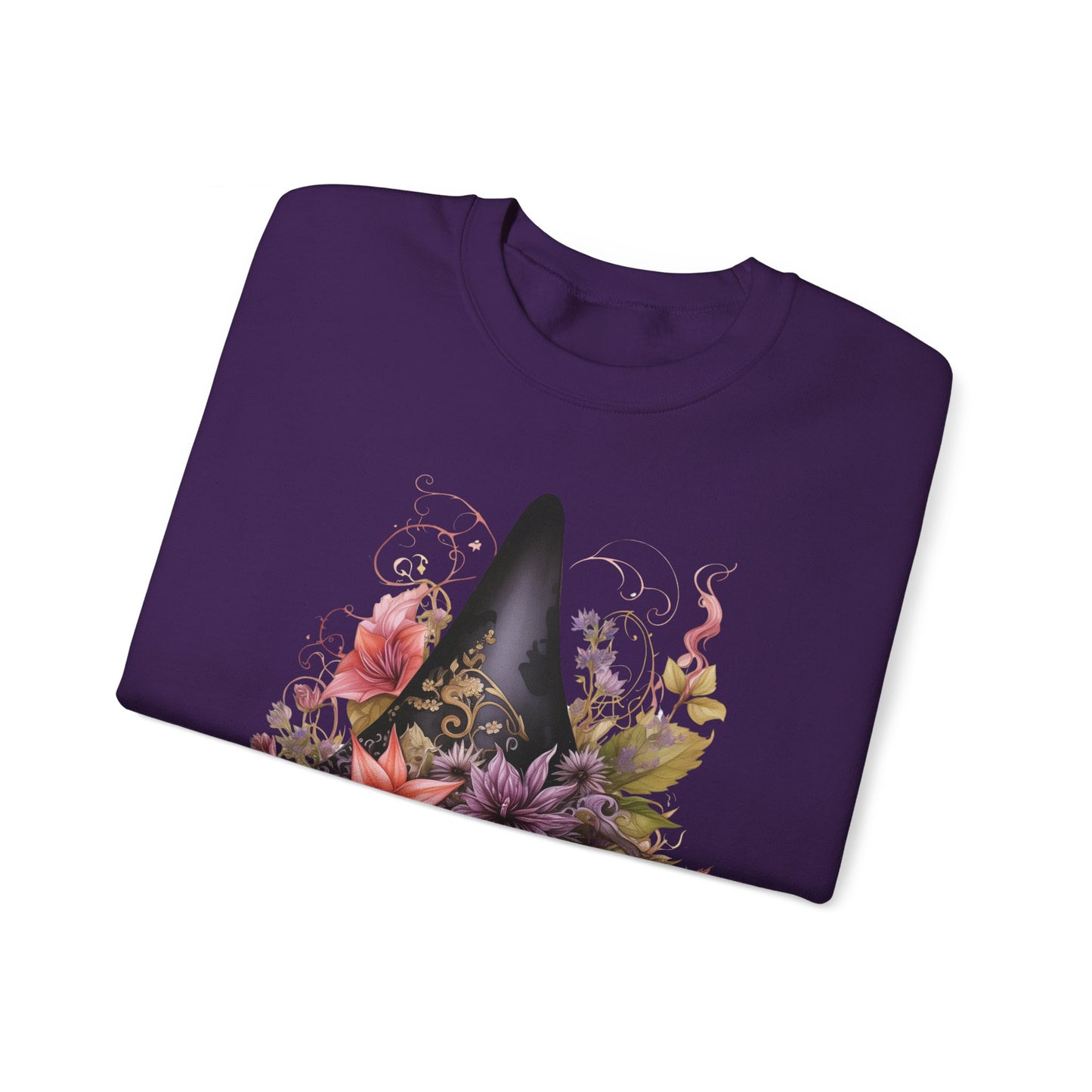 Whimsical Witch Hat Sweatshirt with a watercolor illustration of a black witch hat surrounded by flowers in purple, pink, and green. Available in multiple dark and light colors and sizes. Gildan 18000 sweatshirt in Purple. ReadyShirtAim.com