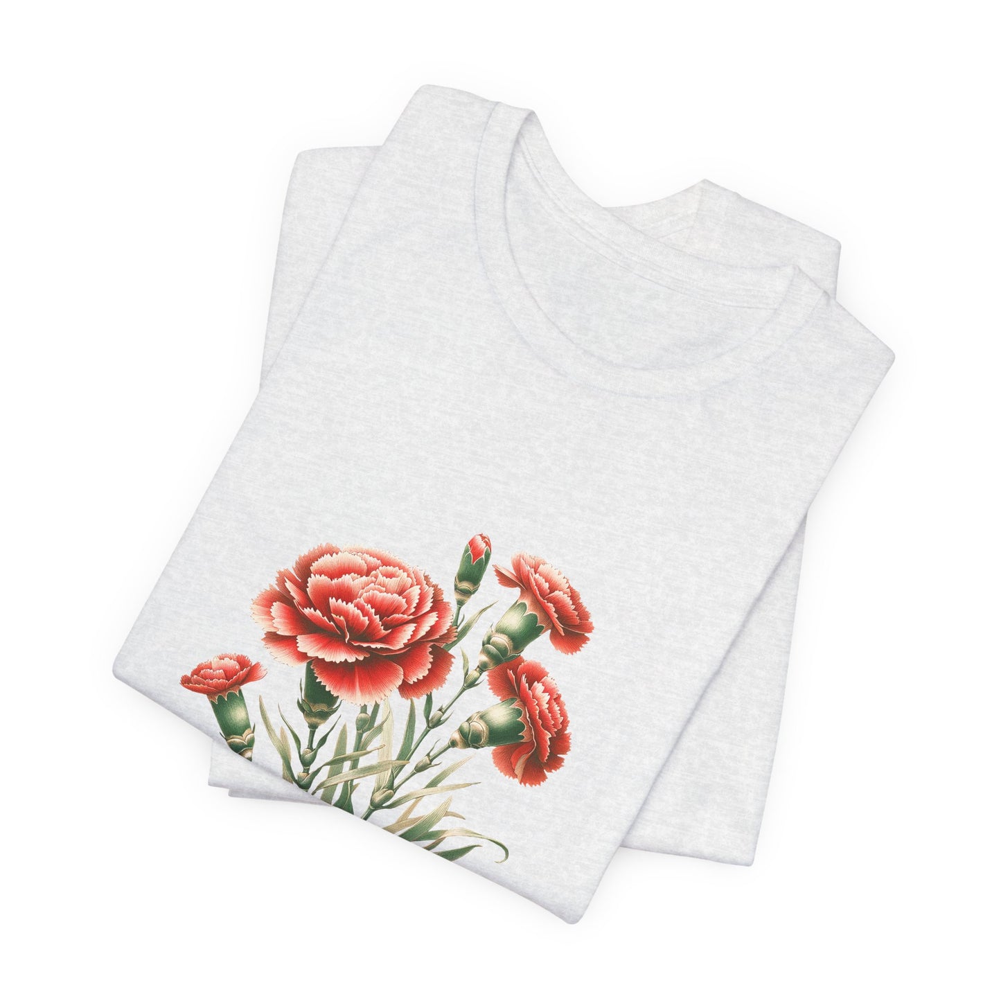 A t-shirt featuring a beautiful carnation for January. Perfect for January birthdays and floral art lovers. Comfortable and stylish for casual outings or celebrations. Bella+Canvas 3001 t-shirt in ash. ReadyShirtAim.com