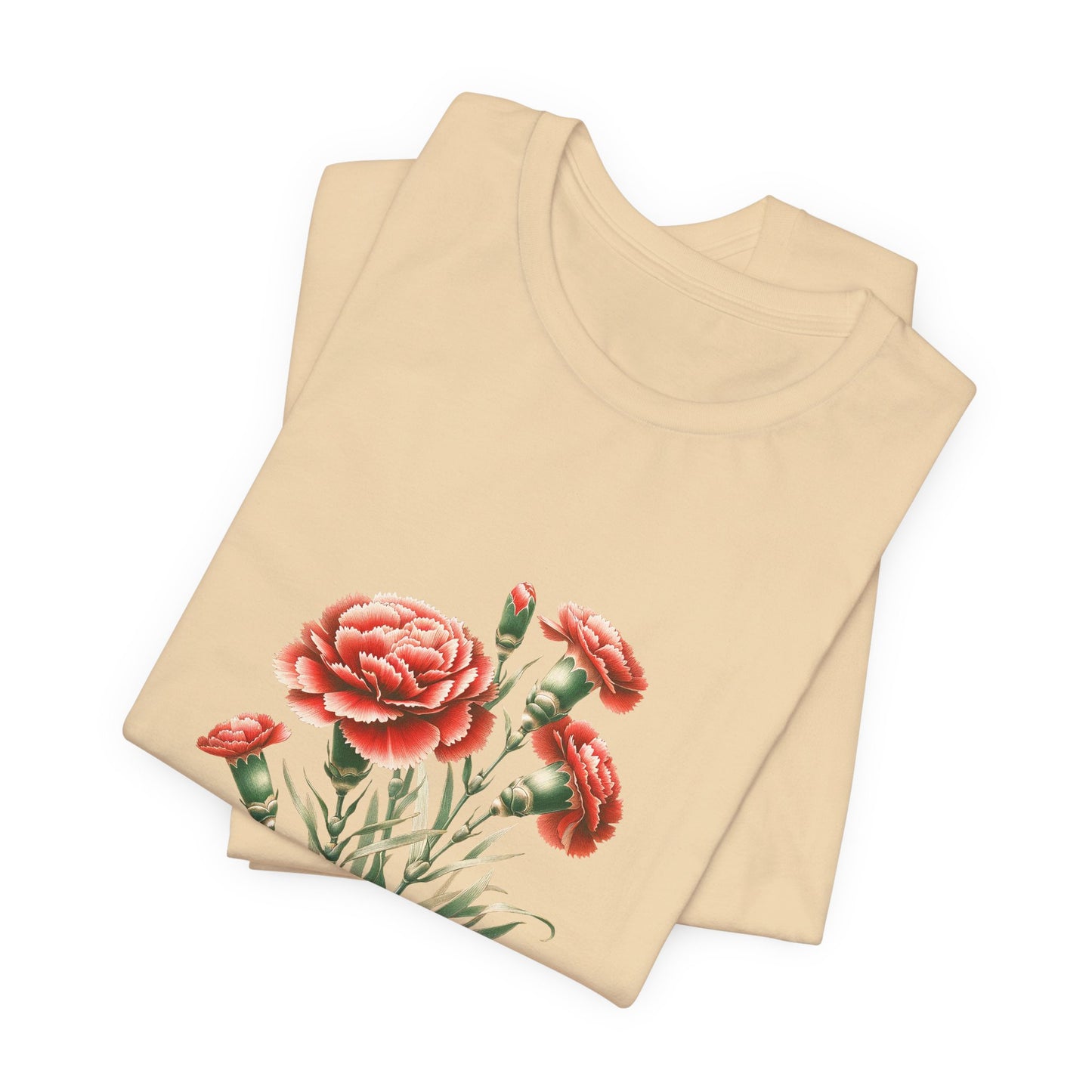 A t-shirt featuring a beautiful carnation for January. Perfect for January birthdays and floral art lovers. Comfortable and stylish for casual outings or celebrations. Bella+Canvas 3001 t-shirt in soft cream. ReadyShirtAim.com