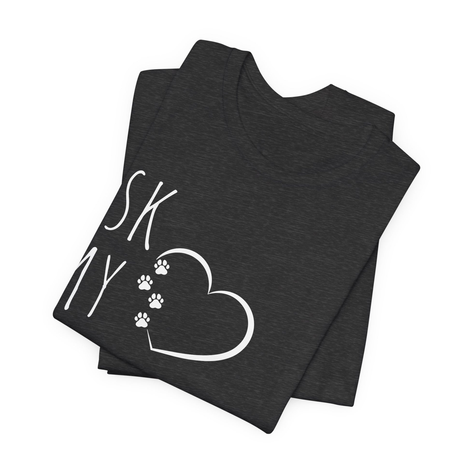 "Ask My Maltese" T-Shirt featuring a heart with two paw prints, perfect for dog lovers and Maltese owners. Unisex design for men and women. Available in multiple colors and sizes. Bella+Canvas 3001 t-shirt in dark grey heather. ReadyShirtAim.com