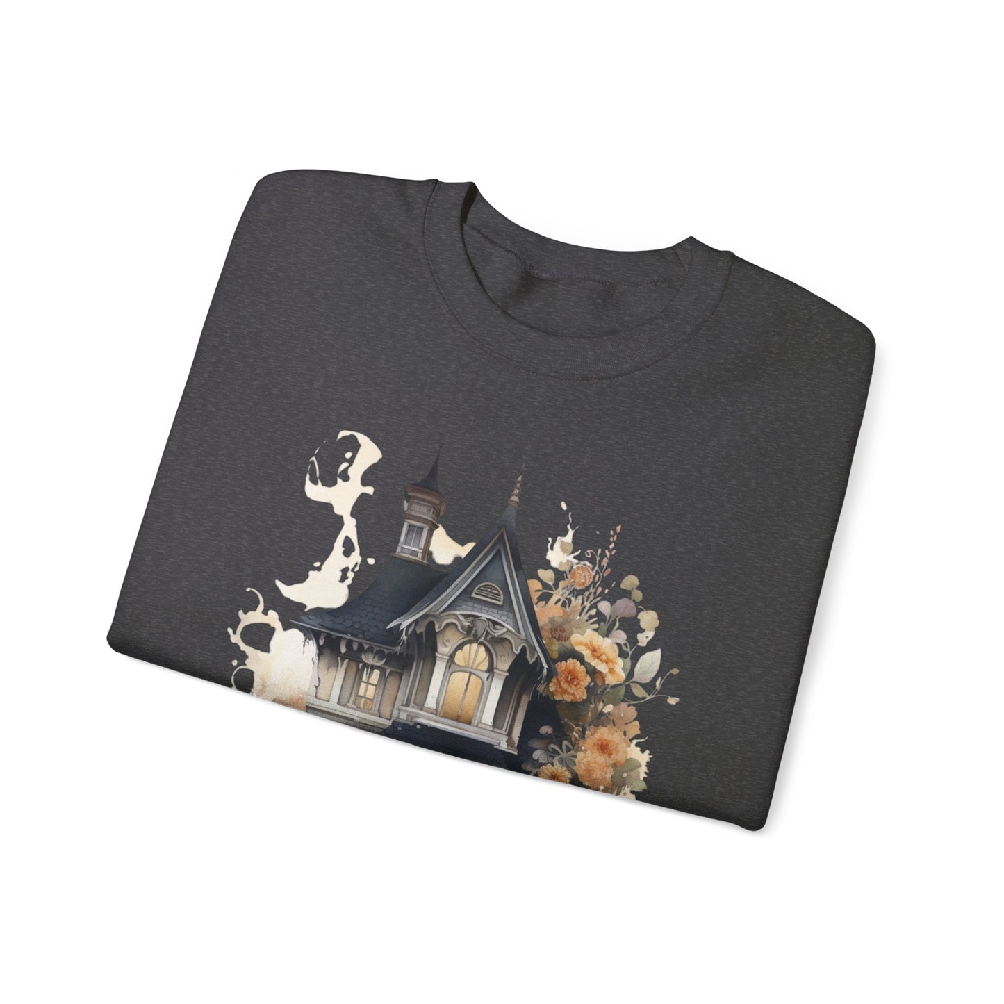 Halloween Boho Sweatshirt for Women featuring a haunted house illustration with boho design elements. Perfect for autumn festivities and casual wear. Available in multiple dark and light colors and sizes. Gildan 18000 sweatshirt in Dark Grey Heather. ReadyShirtAim.com