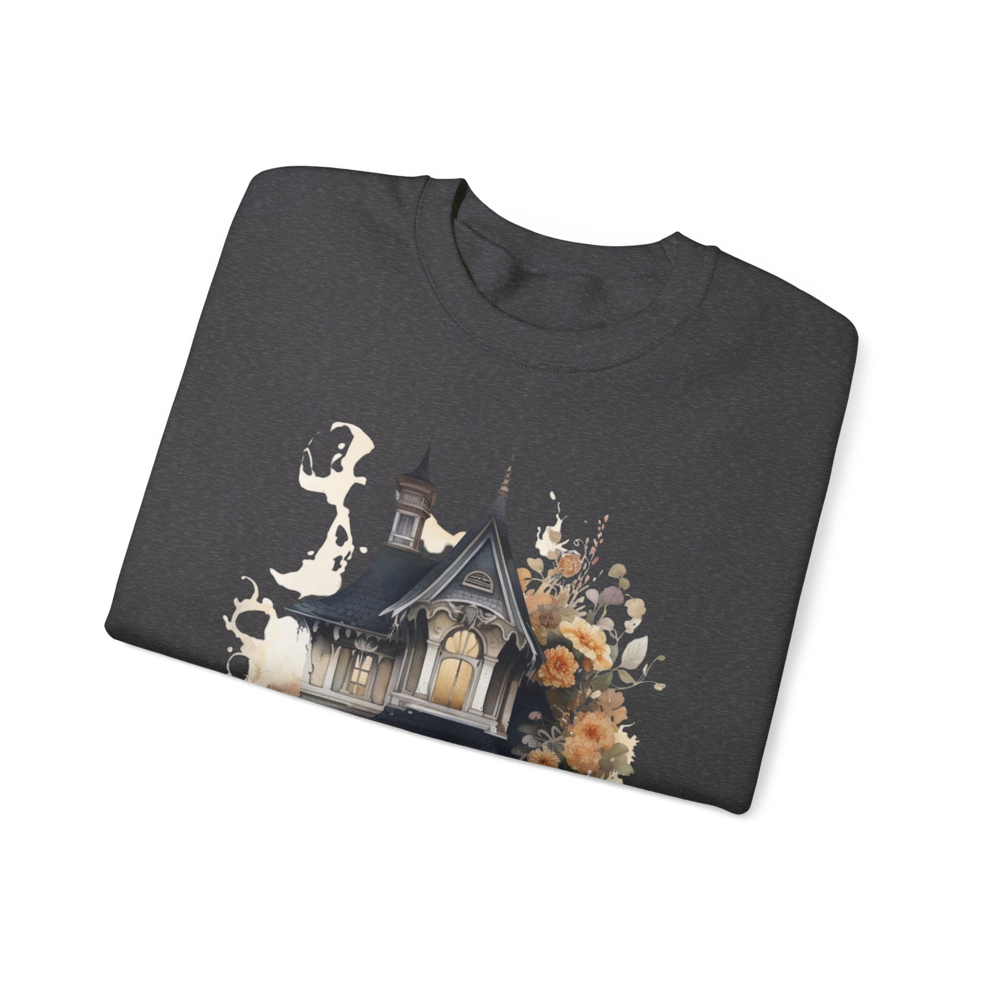 Halloween Boho Sweatshirt for Women featuring a haunted house illustration with boho design elements. Perfect for autumn festivities and casual wear. Available in multiple dark and light colors and sizes. Gildan 18000 sweatshirt in Dark Grey Heather. ReadyShirtAim.com