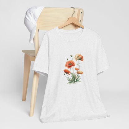 A t-shirt featuring a beautiful poppy for August. Perfect for August birthdays and floral art lovers. Comfortable and stylish for casual outings or celebrations. Bella+Canvas 3001 t-shirt in ash. ReadyShirtAim.com